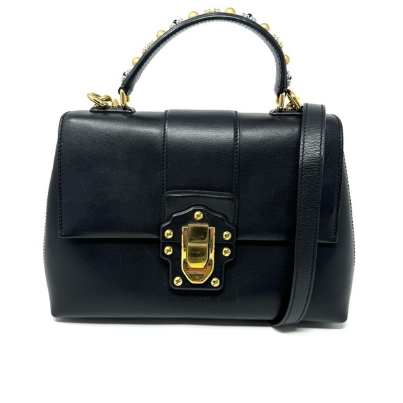 Dolce & Gabbana Lucia Black Leather Satchel – Studded Handle, Crossbody - Picture 1 of 15